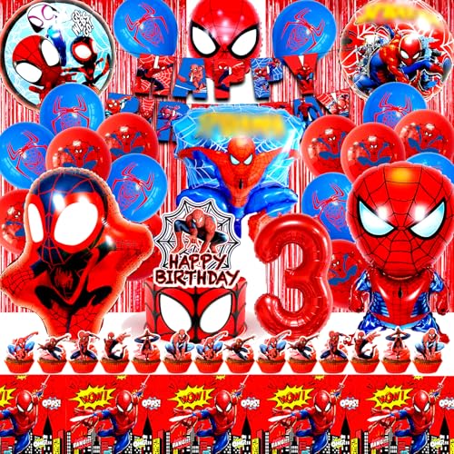 Spider Geburtstagsdeko 3 Jahre, 51 Stück Spider Dekoration Geburtstag Set, Spider Deko Geburtstag Kinder, Spider Luftballon, Spider Party Deko, Spider Kuchen Deko, Spider Tischdecke, Fahnen von YAXMME