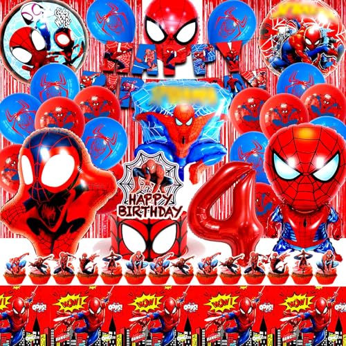 Spider Geburtstagsdeko 4 Jahre, 51 Stück Spider Dekoration Geburtstag Set, Spider Deko Geburtstag Kinder, Spider Luftballon, Spider Party Deko, Spider Kuchen Deko, Spider Tischdecke, Fahnen von YAXMME