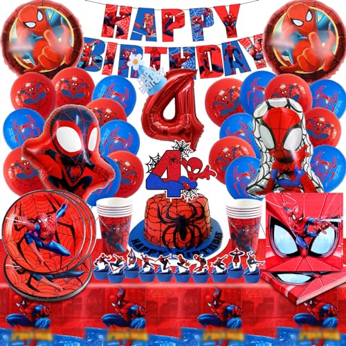 Spiderma Geburtstagsdeko 4 Jahre, Spiderma Deko Geburtstag Kinder, Spiderma Luftballons,Spiderma Teller und Becher Set,Spiderma Tortendeko,Spiderma Tischdecke,Servietten,Spiderma Kindergeburtstag von YAXMME