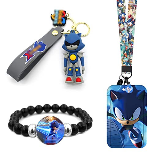 YAXMME Soni Thema Geburtstagsfeier Dekoration, 3 Stück Sonic Party Mitgebsel Kinder Enthalten Cartoon Schlüsselanhänger, Anime Lanyard mit Kartenhaltern, Armband, Für Männliche Weibliche Anime-Fans von YAXMME