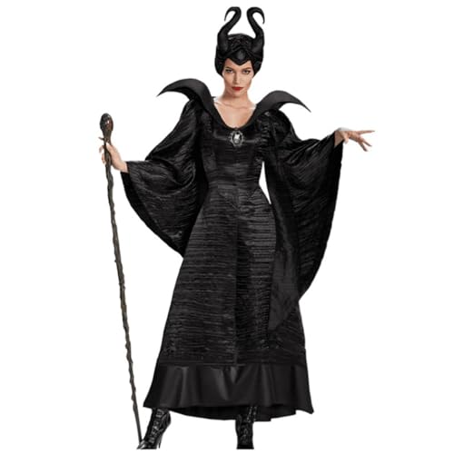 Halloween Cosplay Kostüm Maleficent Dark Witch Dämonenkönigin Kostüm,Weibliches Karnevalskostüm Schwarzes Kleid Mit Kopfbedeckung A,XL von YAXRO