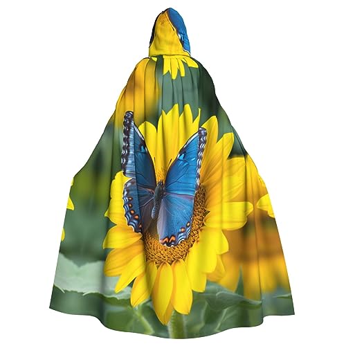 Sonnenblumen-Umhang mit blauem Schmetterling, Unisex, mit Kapuze, Halloween-Kostüm, Party-Umhang, kann für Party, Karneval, Halloween, Kostümparty verwendet werden, Schwarz, Einheitsgröße von YAzgaN