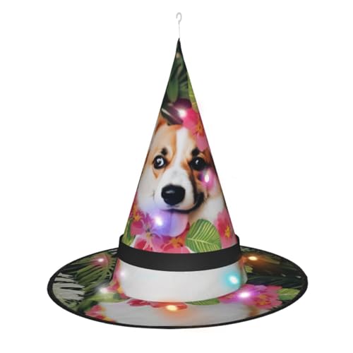 YBAOFU Damen Hexenhut mit LED-Spitzenhut für Halloween-Partydekorationen 1PCS - Tropische Blume und Corgi von YBAOFU