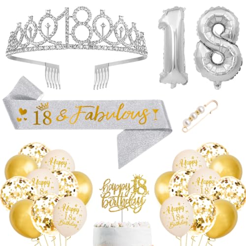 18 Jahre Geburtstagskrone und Schärpe, Silber 18. Geburtstag Tiara Krone Schärpe Luftballons, Nummer 18 Ballon Cupcake Topper Birthday Diademe Schärpe Haarschmuck für Mädchen Geburtstag Dress Up Party von YCFAIIKG