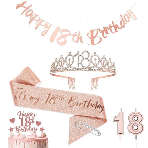 18. Geburtstag Krone und Schärpe, Happy 18th Birthday Roségold Tiara für Mädchen, 18 Geburtstag Kerzen Kuchen Cake Topper Banner Geburtstagparty Dekoration Zubehör für Prinzessin Frauen Geschenke von YCFAIIKG