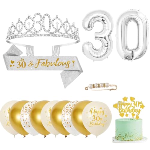 30 Jahre Geburtstagskrone und Schärpe, Silber 30. Geburtstag Tiara Krone Schärpe Luftballons, Nummer 30 Ballon Cupcake Topper Birthday Diademe Schärpe Haarschmuck für Mädchen Geburtstag Dress Up Party von YCFAIIKG