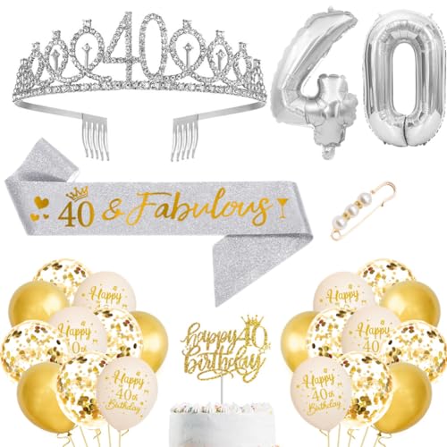 40 Jahre Geburtstagskrone und Schärpe, Silber 40. Geburtstag Tiara Krone Schärpe Luftballons, Nummer 40 Ballon Cupcake Topper Birthday Diademe Schärpe Haarschmuck für Mädchen Geburtstag Dress Up Party von YCFAIIKG