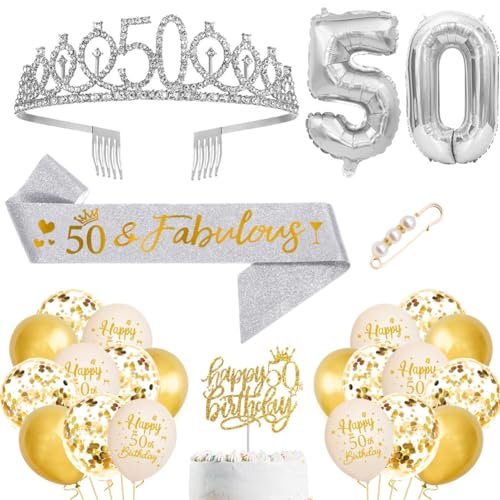 50 Jahre Geburtstagskrone und Schärpe, Silber 50. Geburtstag Tiara Krone Schärpe Luftballons, Nummer 50 Ballon Cupcake Topper Birthday Diademe Schärpe Haarschmuck für Mädchen Geburtstag Dress Up Party von YCFAIIKG