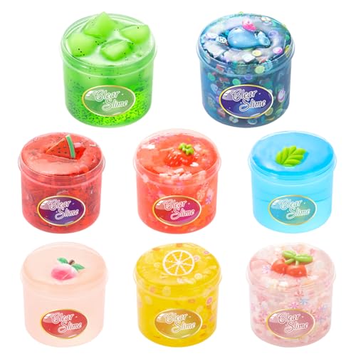 8 Stück Obst Clear Crystal Slime,Jelly Cube Glimmer Fluffy Schleim,Nicht-Klebrig Duftenden Clay,Crystal Cloud Stress Relief Mud,Mit Zubehör wie Erdbeeren,Pfirsiche,Kirschen,Geschenk für Kinder von YCFAIIKG