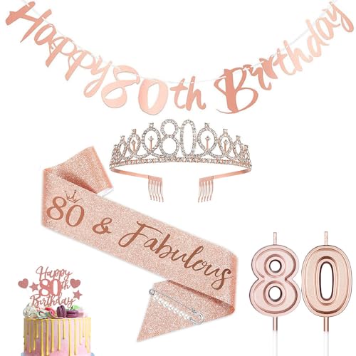 80.Geburtstag Krone und Schärpe, 80th Birthday Tiara Schärpe für Mädchen, 80 Geburtstag Kerzen Kuchen Cake Topper Birthday Banner Geburtstagparty Dekoration Zubehör für Damen Frauen Geschenke Roségold von YCFAIIKG