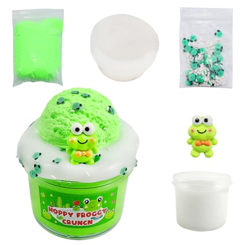 Fluffy Cloud Slime Ton,Scented Schleim Fun Charms,Grün Soft & Non-Sticky Clay, Kommt mit Süßen Frosch Zubehör Mud,DIY Stress Relief Toys for Girls Boys (A) von YCFAIIKG