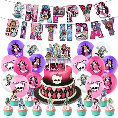 YCFAIIKG 30pcs Monster Party Supplies, Monsters Birthday Party Decorations, Party Dekoration Balloons Cupcake Toppers Happy Birthday Banner Luftballons für Kinder von YCFAIIKG