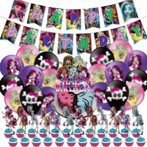 YCFAIIKG 44pcs Monster Party Supplies, Monsters Birthday Party Decorations, Party Dekoration Balloons Cupcake Toppers Happy Birthday Banner Luftballons für Kinder von YCFAIIKG