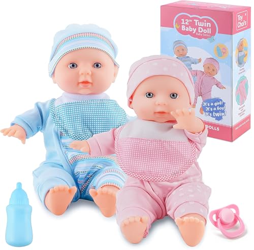 YCFUN 32cm Twin Puppe Set - Blaue und Rosa Baby Puppen mit Strampler, Hut, Schnuller und Puppenlätzchen, Babypuppe Weichkörper Spielzeug für Kleinkinder und Kinder von YCFUN