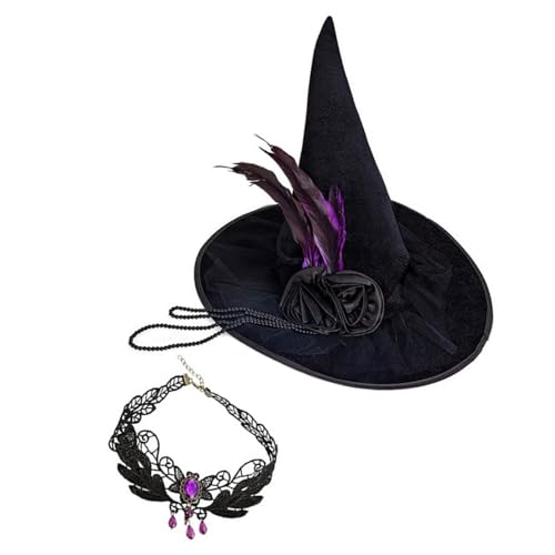 YCHUCH Halloween Party Hexenhüte Halskette Spitze Ruffen Tüll Perlen Kette Spitzhut Cosplay Accessoire Einzigartiger Hexenhut von YCHUCH