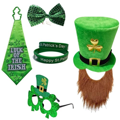 YCHUCH Shamrock Beard Hat Kostüm Set Für Stpatrick Day Holiday Requisis Irish National Day Celebration Bowtie Festival Supply von YCHUCH