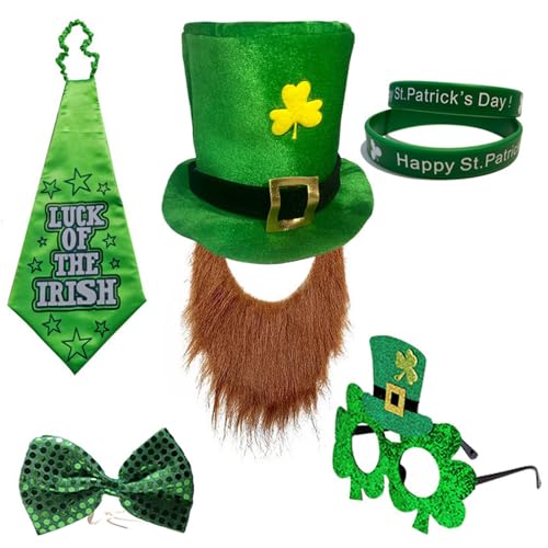 YCHUCH Shamrock Beard Hat Kostüm Set Für Stpatrick Day Holiday Requisis Irish National Day Celebration Bowtie Festival Supply von YCHUCH