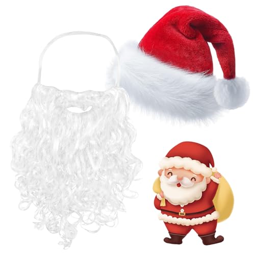 YCSYHQQX Weihnachtsmann Bart, Weihnachtsmütze mit Bart Erwachsene,1 Hut für Erwachsene und 1 Bart Deluxe,Weihnachtsmützen- und Bartset,Wig set von YCSYHQQX