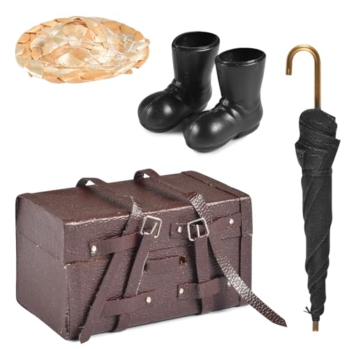 YCSYHQQX Wichteltür set, Wichteltür Zubehör Miniatur Koffer Mini Stiefel Regenschirm Strohhut, Miniatur Kobold Tür Accessoires, Mini Miniatur Wohnaccessoires (Miniatur Koffer Set) von YCSYHQQX