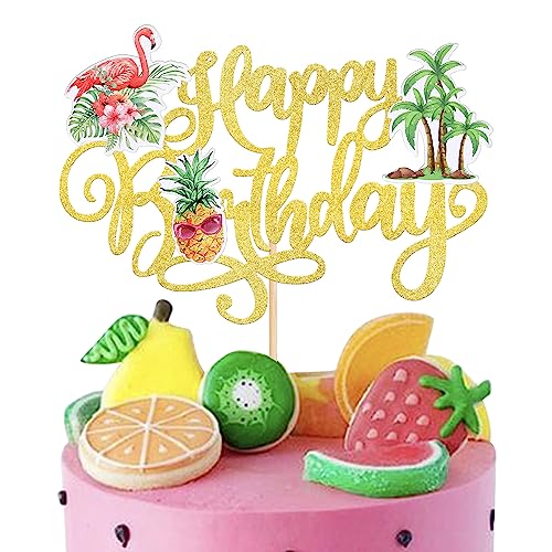 1 Packung Happy Birthday Cake Topper Glitzer Flamingo Blume Plam Leave Ananas Kuchen Pick Tropical Hawaiian Luau Kuchen Dekoration für Sommer Baby Shower Geburtstag Party Supplies Gold von YCTHUNFISH