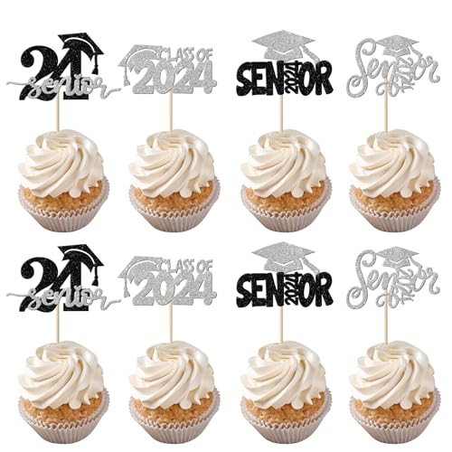 24 Stück 2023 Abschluss Cupcake Topper Glitzer Klasse 2023 Cupcake Picks Senior 2023 Cupcake Dekorationen für Senior 2023 Abschluss Thema Party Supplies Silber Schwarz von YCTHUNFISH