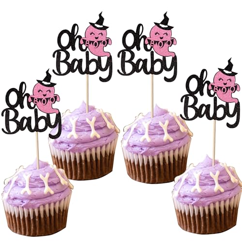 24 Stück Babyparty Halloween Cupcake Topper Glitzer Happy Boo Day Geist Cupcake Pick Baby Shower Geburtstag Happy Halloween Party Cupcake Dekoration Supplies Schwarz Rosa von YCTHUNFISH