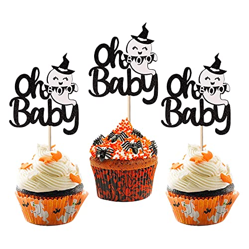 24 Stück Babyparty Halloween Cupcake Topper Glitzer Happy Boo Day Geist Cupcake Pick Baby Shower Geburtstag Happy Halloween Party Cupcake Dekoration Supplies Schwarz Weiß von YCTHUNFISH