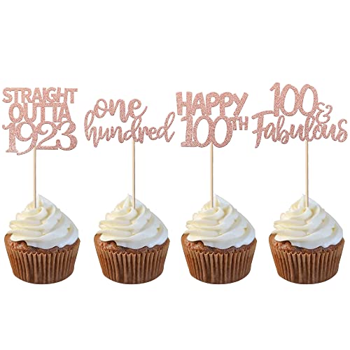 24 Stück Cheers to 100 Years Birthday Cupcake Toppers Glitter One Hundred Straight Outta 1923 Cupcake Picks Happy 100th Cake Dekorations for Happy 100th Birthday Anniversary Party Supplies Rose Gold von YCTHUNFISH