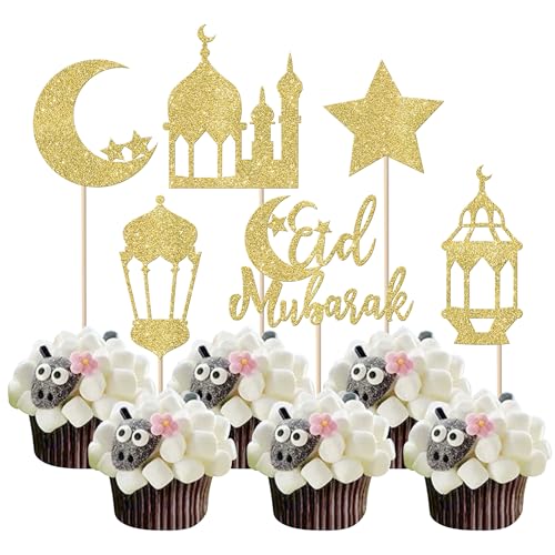 24 Stück Eid Mubarak Cupcake Toppers Glitter Star Ramadan Kareem Cupcake Pick Moon Star Eid Islamisch Muslim Thema Party Kuchen Dekoration Supplies Gold von YCTHUNFISH