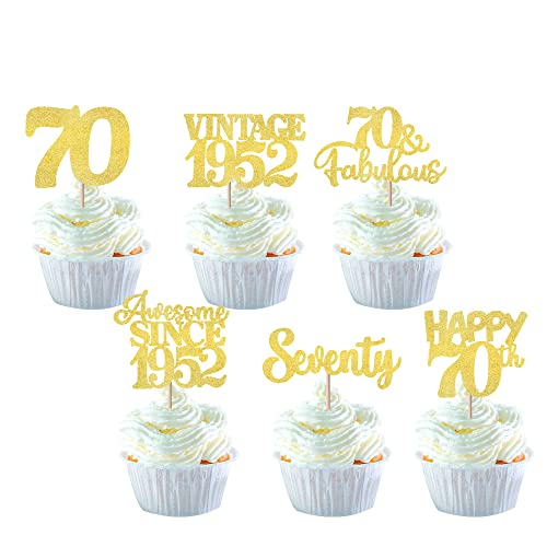 24 Stück Glitzer Vintage 1952 Cupcake Topper Happy 70th Thirty Awesome Since 1952 Cupcake Picks 70 fabelhafte Kuchendekorationen für 70. Geburtstag, Hochzeitstag, Partyzubehör, Gold von YCTHUNFISH