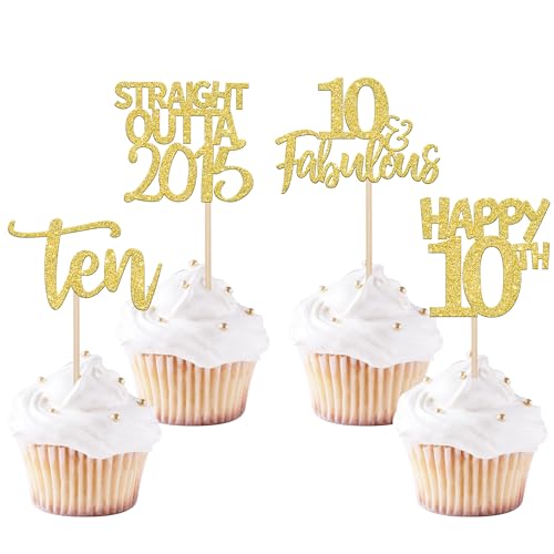 24 Stück Happy 10th Cupcake Toppers Glitter Ten Straight Outta 2013 Cupcake Picks Cheers to 10 Years Birthday Kuchen Dekorationen für Happy 10th Birthday Anniversary Party Supplies Gold von YCTHUNFISH