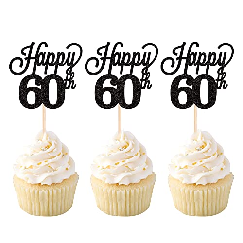 24 Stück Happy 60th Cupcake Topper Glitzer Zahl 60 Cupcake Picks Cheers to 60 Cake Picks Dekorationen für 60. Geburtstag Hochzeit Jahrestag Party Supplies schwarz von YCTHUNFISH