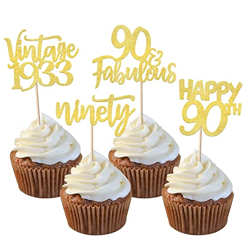 24 Stück Happy 90th Cupcake Toppers Glitter Neunity Vintage 1933 Cupcake Picks Cheers to 90 Years Birthday Cake Decorations for Happy 90th Birthday Anniversary Party Supplies Gold von YCTHUNFISH