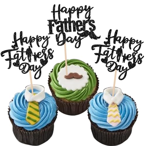 24 Stück Happy Father's Day Cupcake Topper Glitter Best Dad Cupcake Picks Love Dad Moustache Cake Decorations for Happy Father's day Thema Men Birthday Party Supplies Black von YCTHUNFISH