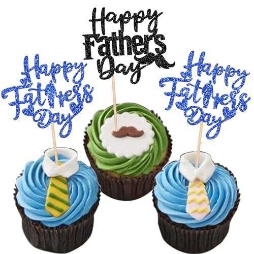 24 Stück Happy Father's Day Cupcake Topper Glitter Best Dad Cupcake Picks Love Dad Moustache Cake Decorations for Happy Father's day Thema Men Birthday Party Supplies Blau Schwarz von YCTHUNFISH