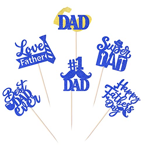 24 Stück Happy Father's Day Cupcake Topper Glitter Best Dad Ever Cupcake Picks Love Father #1 Dad Tie Moustache Hat Glaswerkzeug Kuchendekorationen für Happy Father's day Thema Men Birthday Party Supplies Blau von YCTHUNFISH