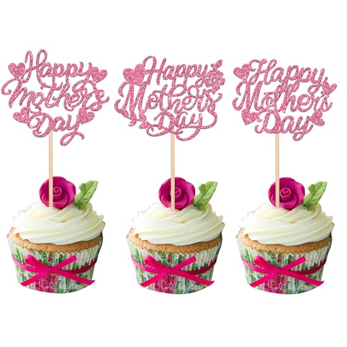 24 Stück Happy Mother's Day Cupcake-Topper Glitzer Herz Love You Mom Cupcake Picks Nummer 1 Mom Cupcake Dekorationen für Muttertag Party Best Mom Kuchen Dekorationen Rosa von YCTHUNFISH