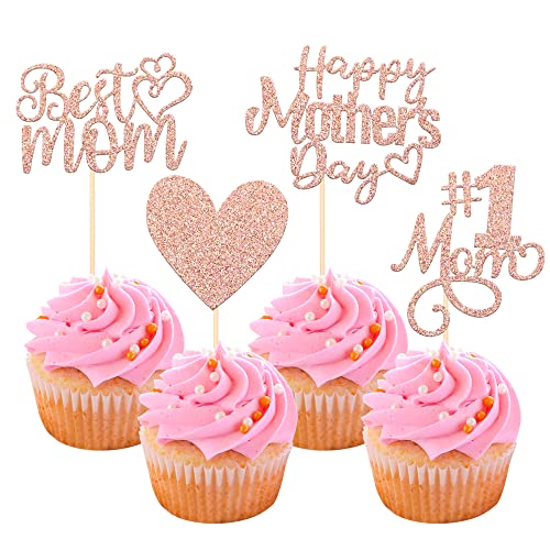 24 Stück "Happy Mother's Day" Cupcake-Topper Glitzer Nummer 1 Mutter Liebe Herz Beste Mutter Cupcake Picks für Frauen Geburtstag Happy Mother's Day Thema Party Kuchen Dekorationen Supplies Rose Gold von YCTHUNFISH