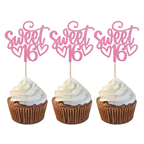 24 Stück Happy Sweet 16 Cupcake-Topper Glitzer Sixteen 16. Geburtstag Cupcake Picks Cheers to 16 Years Old Cupcake Dekorationen für 16. Geburtstag Jahrestag Party Kuchen Dekorationen Zubehör Rosa von YCTHUNFISH