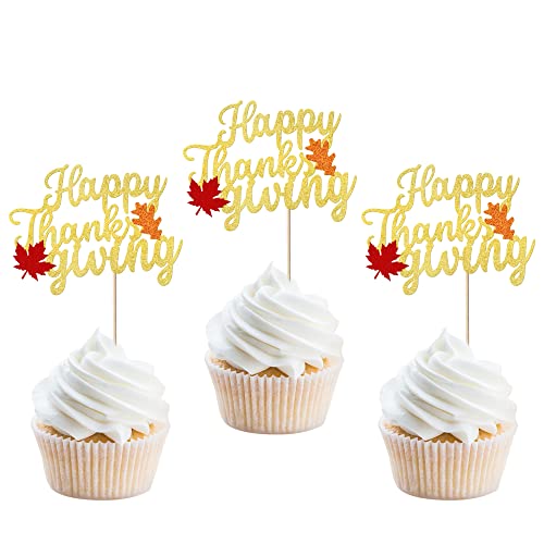 24 Stück Happy Thanksgiving Cupcake Topper Glitzer Happy Thanksgiving Cupcake Picks Thank You Cupcake Dekorationen Herbst Ahornblatt Hochzeit Jahrestag Geburtstag Party Kuchen Dekorationen Gold von YCTHUNFISH