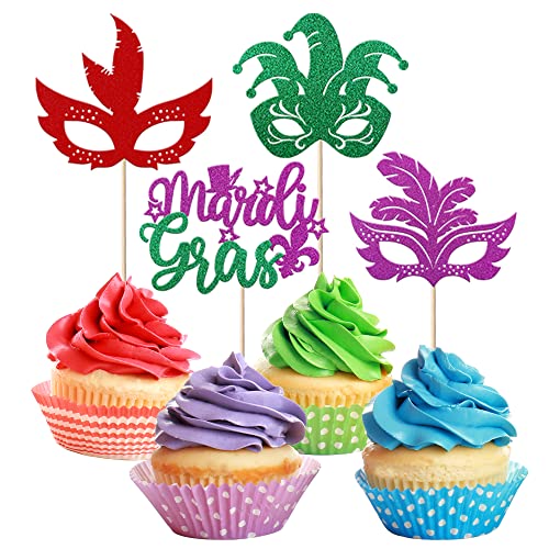 24 Stück Mardi Gras Cupcake Topper Glitzer Masken Cupcake Picks Karneval Party Baby Shower Geburtstag Kuchen Dekorationen Party Zubehör bunt von YCTHUNFISH