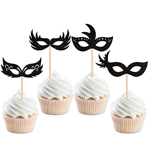 24 Stück Maskerade Masken Cupcake Topper Schwarz und Gold Glitzer Bachelorette Party Maske Cupcake Essen Obst Picks Maskerade Karneval Party Babyparty Geburtstag Party Kuchen Dekorationen Schwarz von YCTHUNFISH