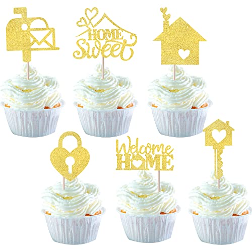 24 Stück Sweet Home Cupcake Topper Glitzer Schlüssel Schloss Einweihungsfeier Cupcake Picks New Home Thema Party Willkommen New House Party Kuchen Dekorationen Supplies Gold von YCTHUNFISH