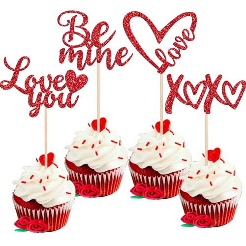 24 Stück Valentinstag Cupcake Toppers Glitter Be Mine XOXO Love You Cupcake Essen Picks Valentinstag Thema Hochzeit Brautparty Geburtstag Party Kuchen Dekorationen Supplies Rot von YCTHUNFISH