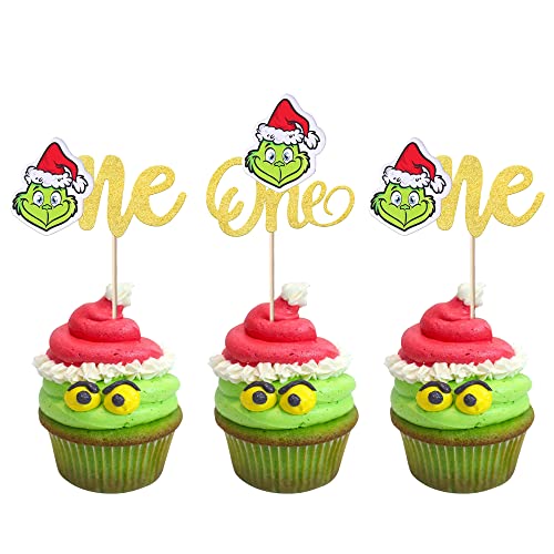 24 Stück Weihnachten Ein Cupcake Topper mit Glitzer Grinches Christmas First Birthday Cupcake Topper Picks Dekorationen für Grinchmases Thema Babyparty 1. Geburtstag Party Dekorationen Supplies Gold von YCTHUNFISH