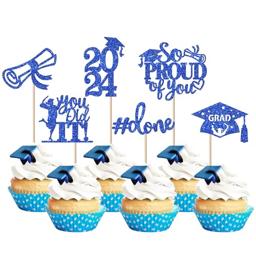 24 Stück blaue 2022 Graduation Cupcake Toppers Glitter So Proud Of You Done Diplom-Grad Cap Cupcake Picks You Did It Kuchen Dekorationen für 2022 Graduation Theme Party Dekorationen Supplies von YCTHUNFISH