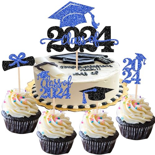 25 Stück Klasse 2023 Cake Topper Glitzer Congrats Grade Cap 2023 Abschluss Cake Pick für 2023 Abschlussfeier Thema High School Jungen Mädchen Abschluss Party Cupcake Dekorationen Supplies Blau Schwarz von YCTHUNFISH