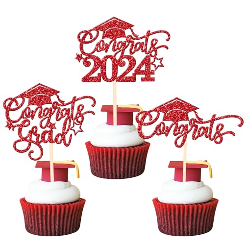 30 Stück Congrats Grad 2023 Cupcake Topper Glitzer Klasse 2023 Congrats Grad Cap Kuchen Dekoration Abschluss Cupcake Picks für 2023 Abschluss Thema Schule Party Supplies Rot von YCTHUNFISH