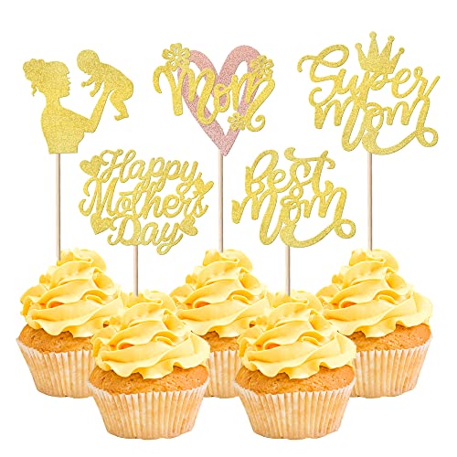 30 Stück Happy Mother's Day Cupcake-Topper Glitzer Herz Super Mom Cupcake Picks Best Mom Kuchen Dekorationen für Muttertag Party Supplies Gold von YCTHUNFISH