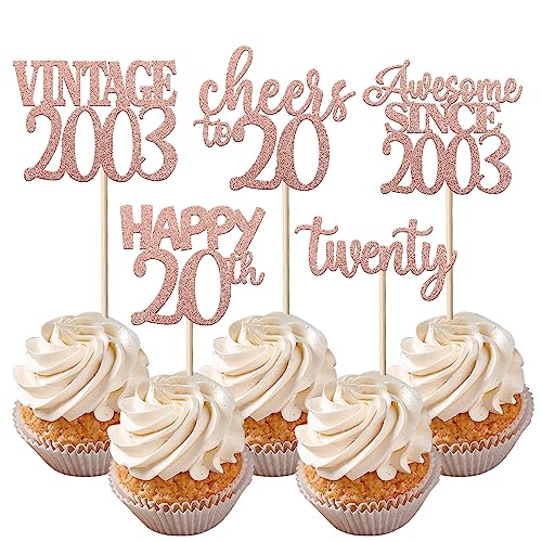 30 Stück Vintage 2003 Cupcake-Topper Glitzer Happy 20th Twenty Awesome Since 2003 Cupcake-Picks 20 fabelhafte Kuchendekorationen für 20. Geburtstag, Hochzeitstag, Partyzubehör, Roségold von YCTHUNFISH